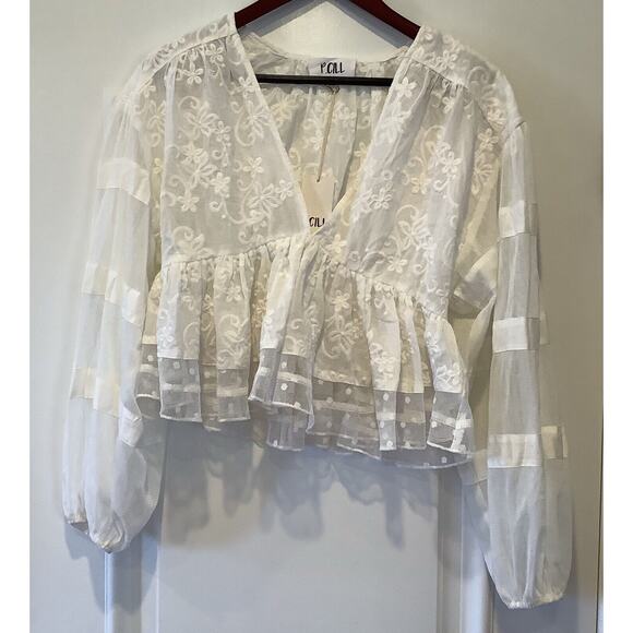 P Cill Cropped Blouse Top Size Small White Embroidered Flowers Lace Sheer NEW - Picture 2 of 13